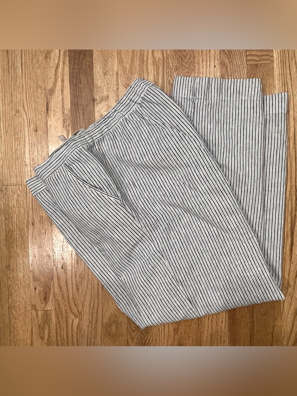 Sz L Daisy Fuentes linen & cotton striped, straight leg drawstring & zipper. EUC